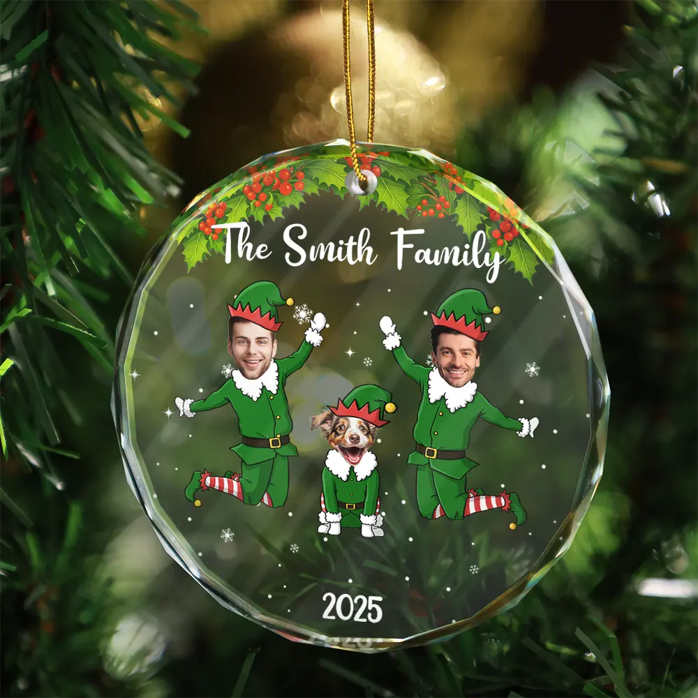 Custom Photo Playful Elves - Personalized Crystal Ornament - Christmas Gift For Family