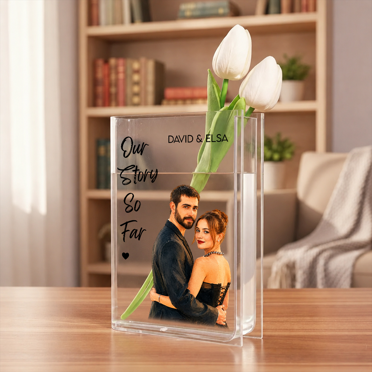 Anniversary Gifts - Custom Photo Couples Clear Acrylic Book Vase for Flowers, Transparent Flower Vase for Home Decor