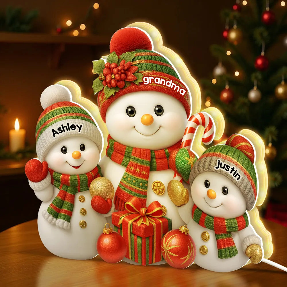 Festive Snowman Grandma & Grandkids - Personalized Acrylic Light Box - Christmas Gift for Mom, Grandma