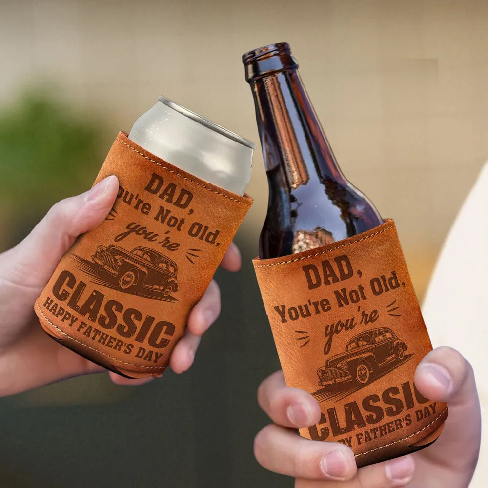 Dad You're Classic - Personalized Leather Can Cooler - Gift For Dad, Grandpa, Father's Day Gift