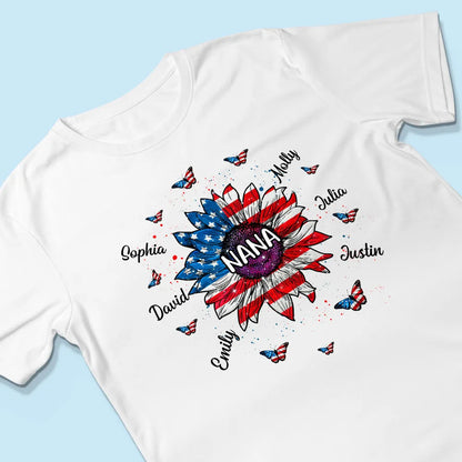 Grandma With Grandkids Names Nation Flag Sunflower - Personalized Apparel - 4th Of July Gift For Grandma Mom