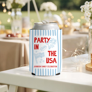 Custom Party in the USA Can Cozie, Personalized 4th of July Family BBQ Party Favor, Patriotic USA 250 Drink Sleeve