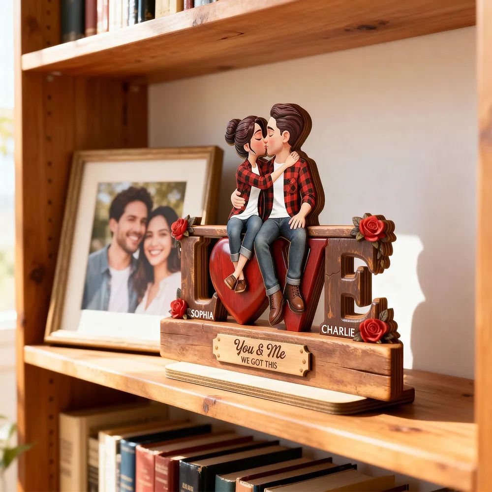 Love Rose 3D Kissing Couple Forever Together - Personalized Wooden Plaque Flat Base - Valentine's Day Gift For Couple
