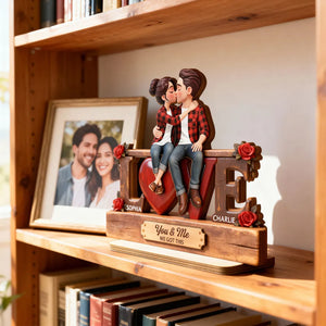 Love Rose 3D Kissing Couple Forever Together - Personalized Wooden Plaque Flat Base - Valentine's Day Gift For Couple