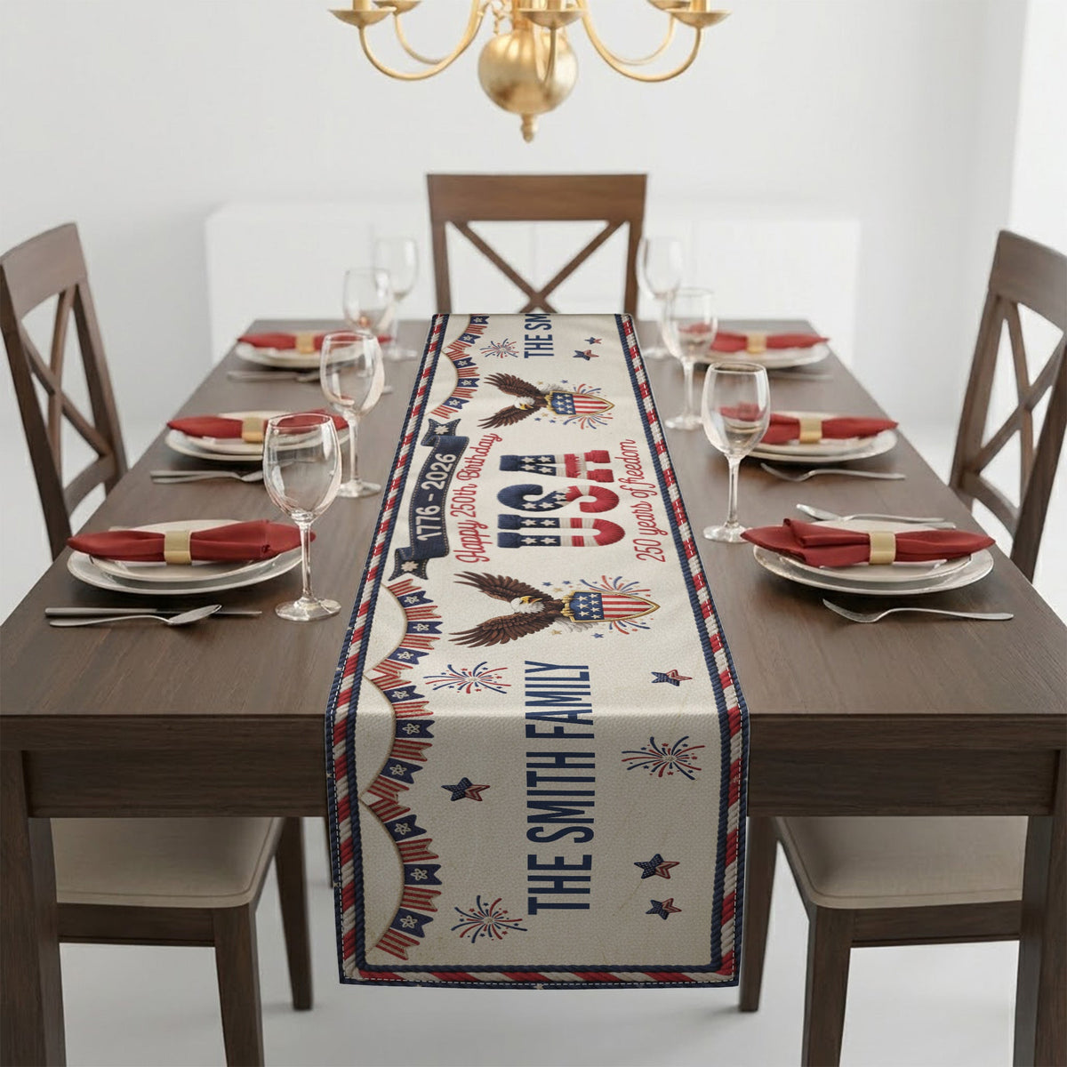 America 250th Anniversary Faux Pattern - Personalized Table Runner - 4th Of July Gift For Family, 250th Home Decoration