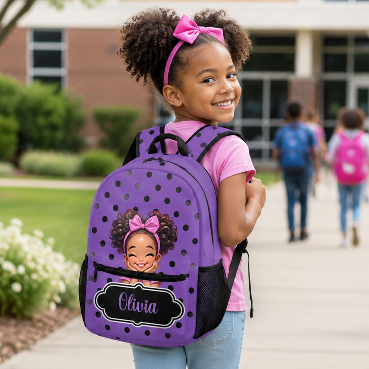 Cartoon Black Girl Backpack with Name - Back-To-School Birthday Gift
