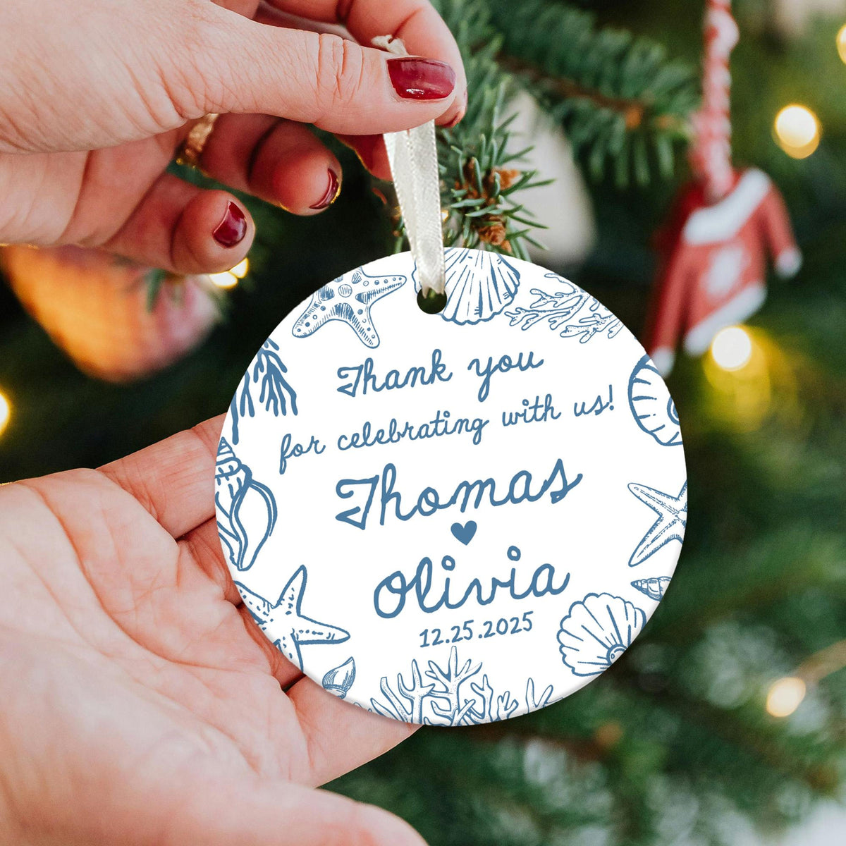 Personalized Thank You Wedding Guests Ornament, Custom Beach Wedding Ceramic Ornament, 2025 Wedding Favor, Thank You Gift For Wedding Guests