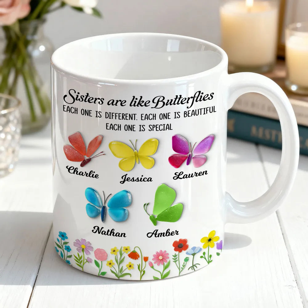 Sisters Are Like Butterflies 3D Effect Sea Glass - Personalized Mug - Christmas Gift for Sisters, Siblings