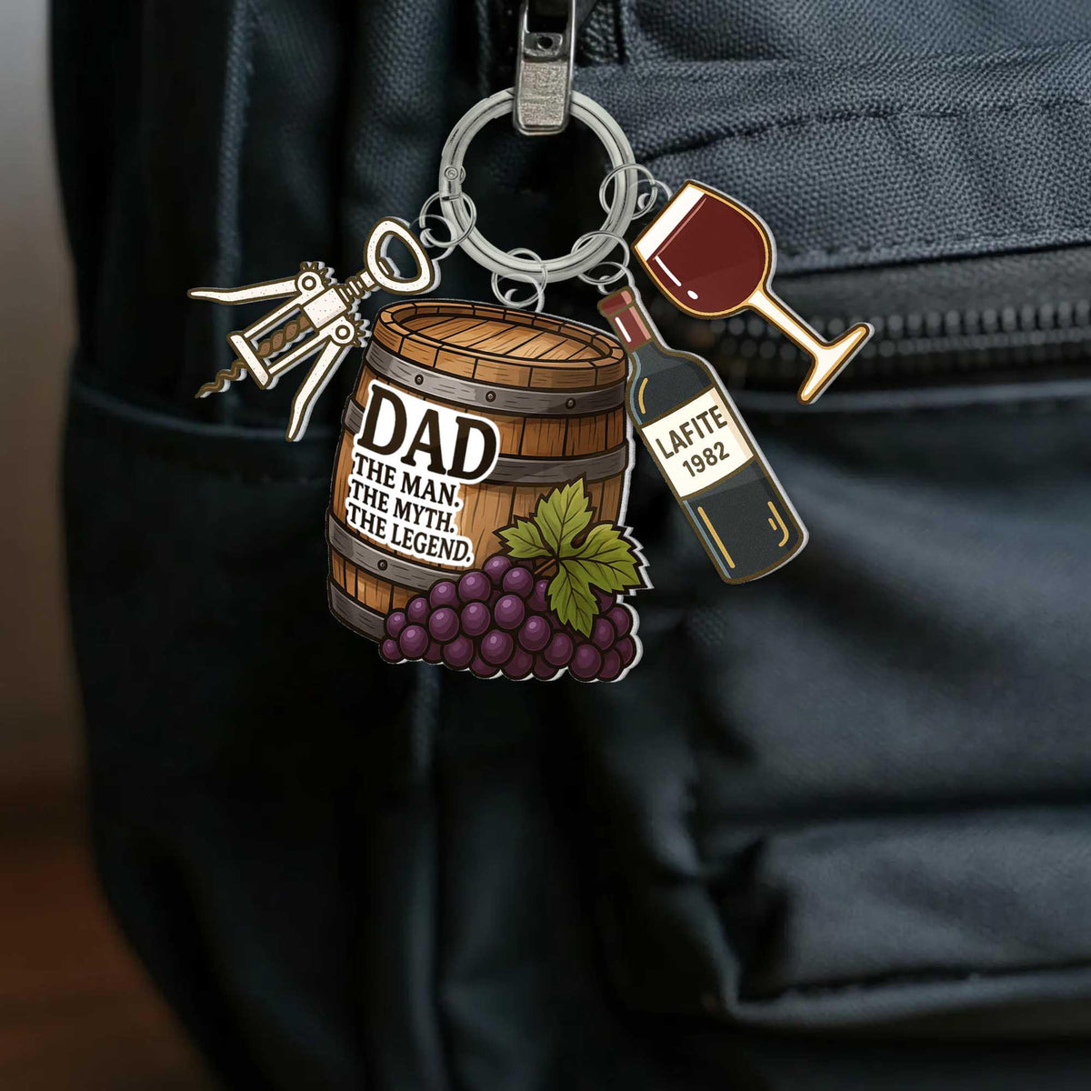 Dad The Man The Myth The Legend Keychain Gift, Wine Lover Charm Key Ring with Barrel, Corkscrew, Glass & Bottle, Father's Day Gifts