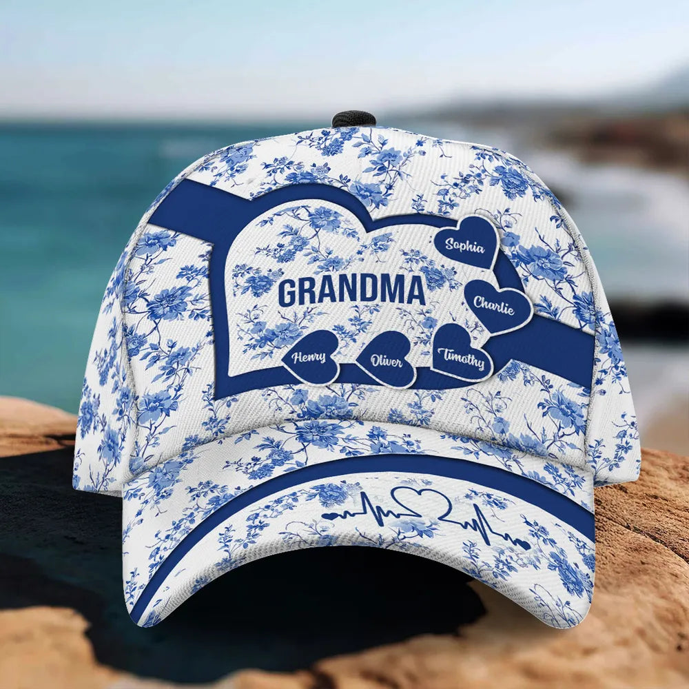 Grandma Mom Blue Heart Floral Chinoiserie Patterned - Personalized Classic Cap - Gift For Mom, Grandma, Mother's Day, Birthday Gift