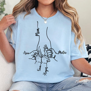 Mom & Kids Holding Hands With Kids Names - Personalized Shirt For Mother's Day