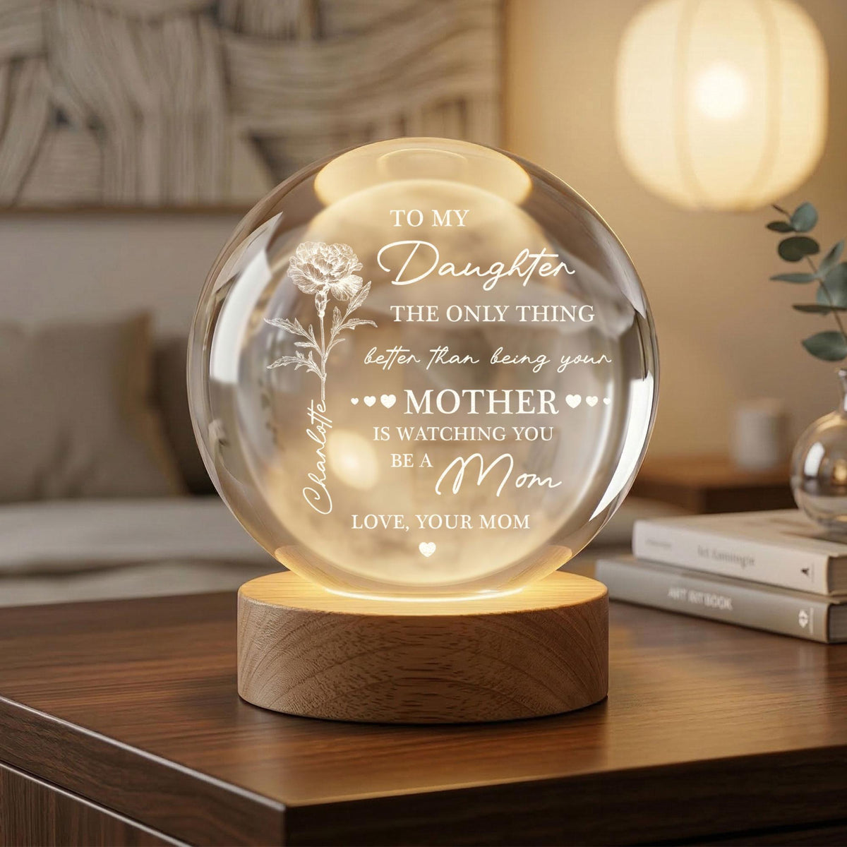 Personalized Watching You Be A Mom Ball Night Light, First Mother Day Gift For Daughter Led Light, 3D Crystal Lamp, New Mom Birthday Gift
