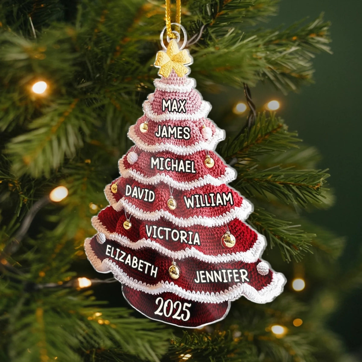 Crochet Christmas Tree Custom Family Names - Personalized 2D Flat Acrylic Ornament - Christmas Gift For Family