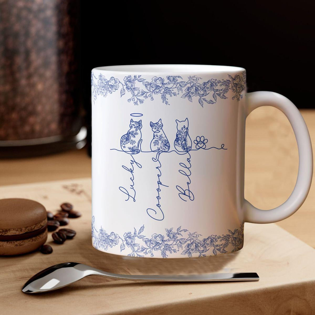 Custom Cat's Name Mug, Toile De Jouy Birth Flowers Mug, Cat Memorial Gift, Cat Lovers Gift, Cat Mom Gift, Gift For Cat Owner, Cat Owner Gift