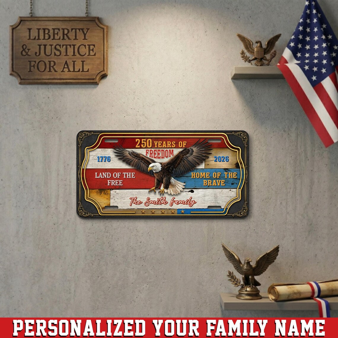 Personalized Patriotic Metal Metal Sign, 250th Anniversary 1776-2026, Eagle USA Flag Wall Art Decor