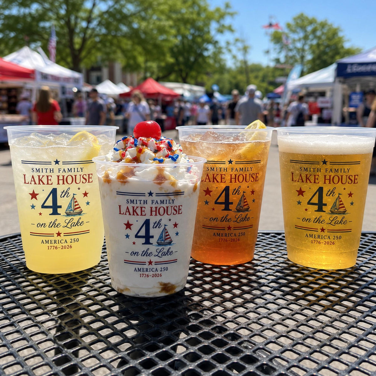 Personalized Lake House Plastic Cups, Custom 4th of July Cups, America 250 Family Lake Party Cups, Patriotic Plastic Cups