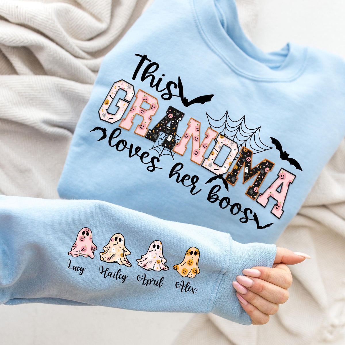 Custom Halloween This Grandma Loves Her Boos Sweatshirt, Cool Grandma Halloween Sweatshirt, Grandma Halloween Gift with Kids Name on Sleeve