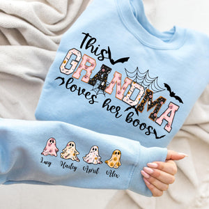 Custom Halloween This Grandma Loves Her Boos Sweatshirt, Cool Grandma Halloween Sweatshirt, Grandma Halloween Gift with Kids Name on Sleeve