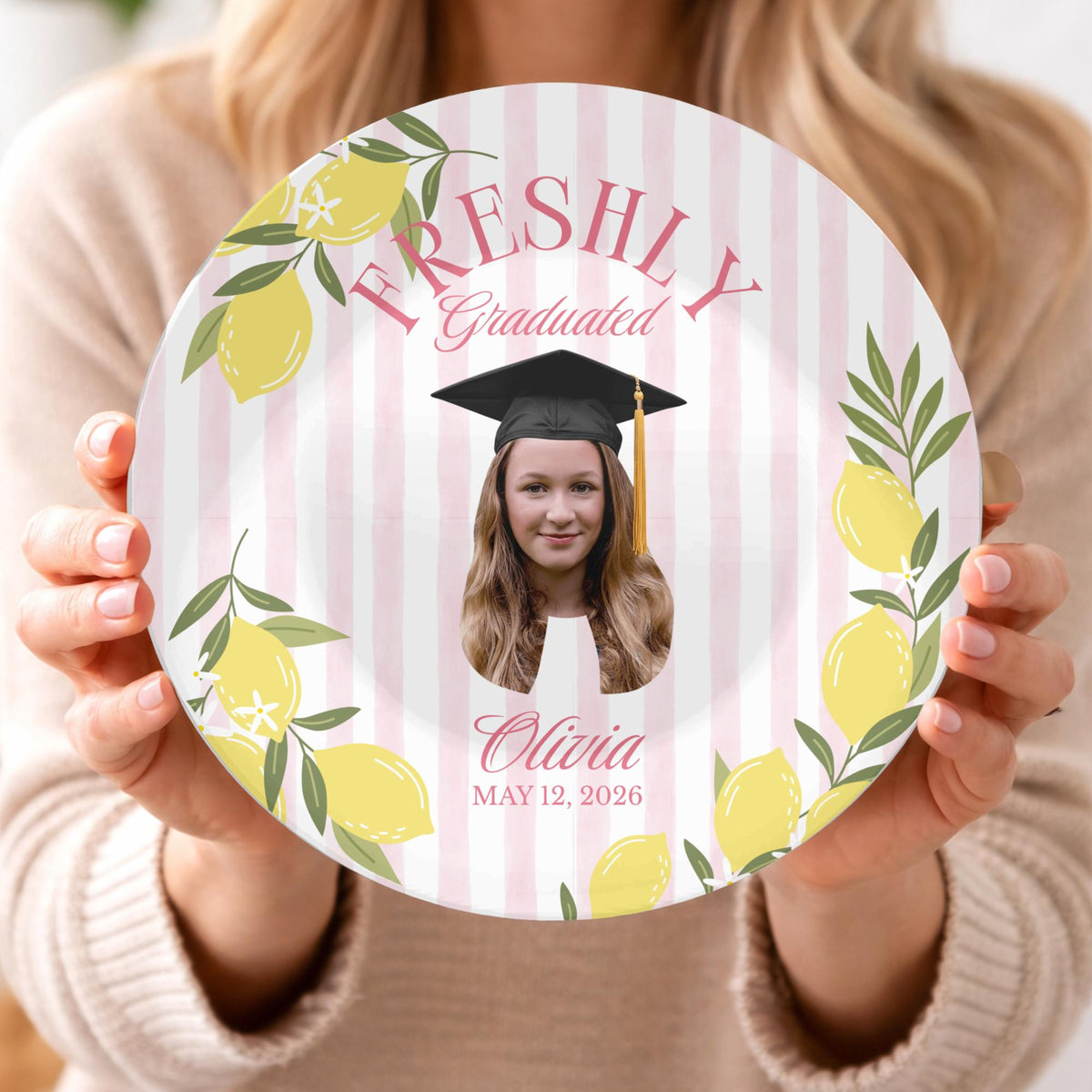 Lemon Themed Graduation Party, Custom Photo Plate, Freshly Graduated, Welcome Sign Custom Citrus Grad Party Plate, Pastel Pink Lemon Table Decor