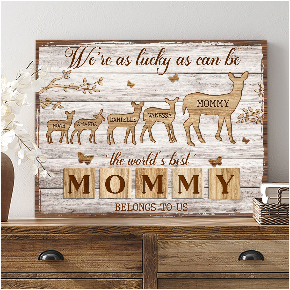 Mama Deer We're As Lucky As Can Be - Personalized Canvas - Gift For Mom, Mother's Day Gift
