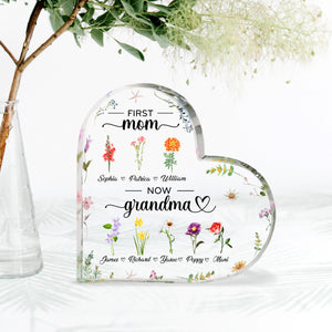 First Mom Now Grandma Birth Month Flower - Personalized Heart Shaped Acrylic Plaque - Gift For Grandma