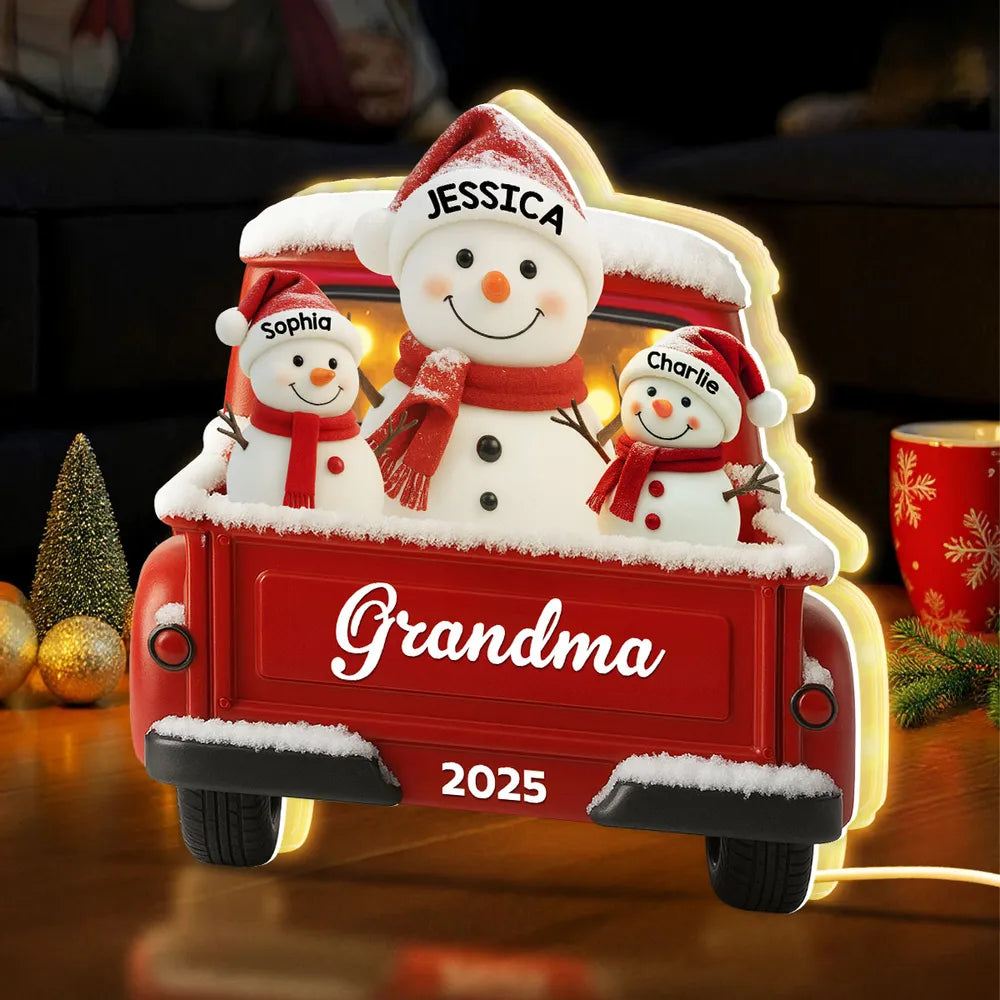 Snowman Grandma & Kids Christmas Red Truck - Personalized Acrylic Light Box - Christmas Gift For Mom, Grandma