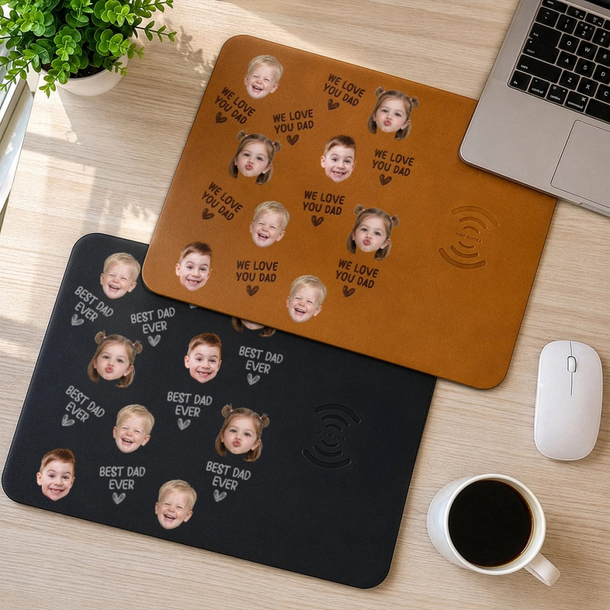 Happy Father's Day Custom Kid's Faces - Personalized Wireless Charging Mat - Gift For Dad Grandpa, Father's Day Gift