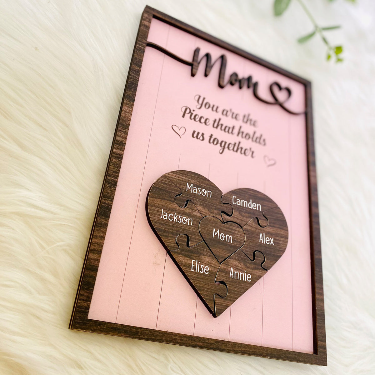 Personalized Puzzle Mom Sign Mother's Day, Love Heart Engrave With Pink Background, Gifts From Kids, Wooden Sign, Puzzle Pieces