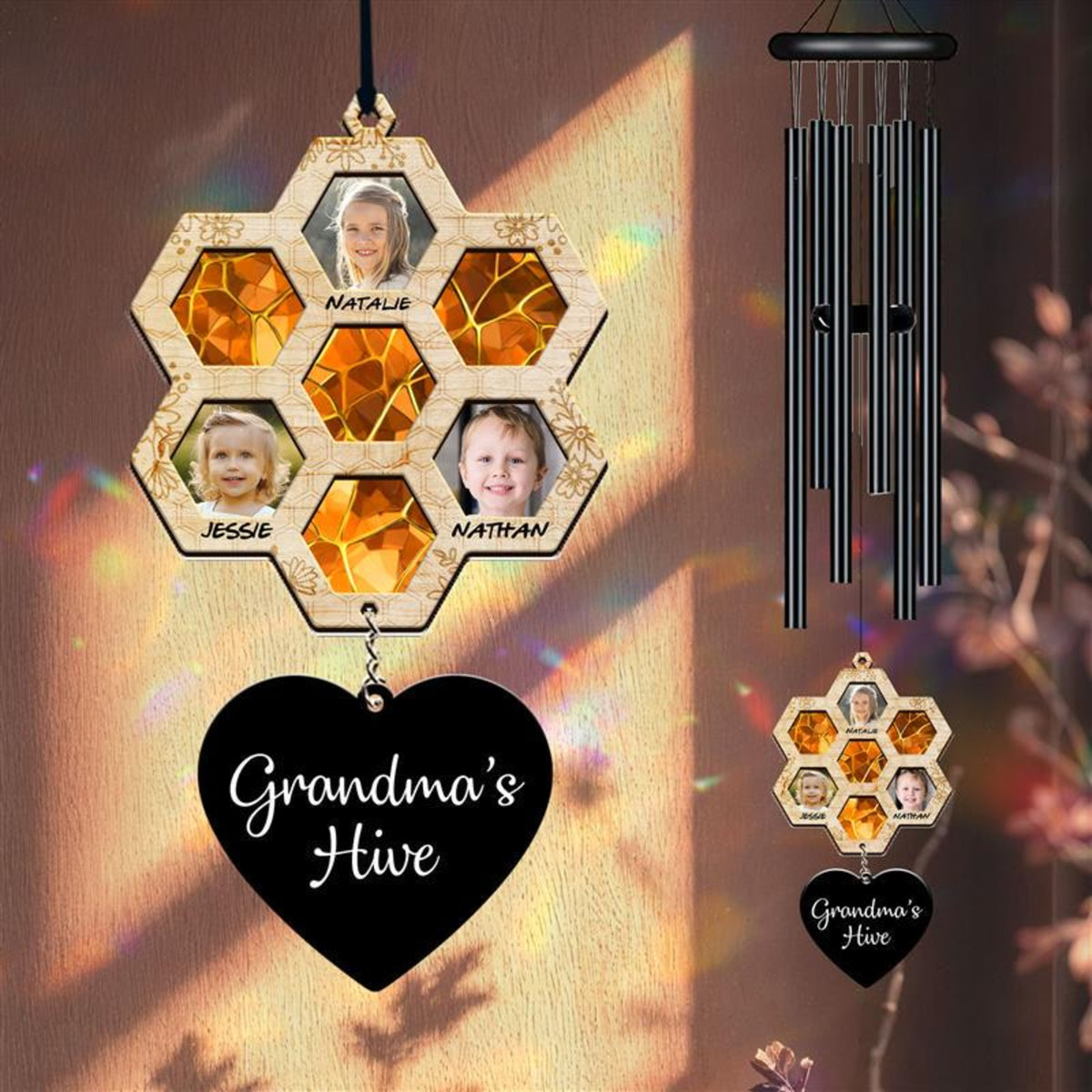 Personalized Honeycomb Wind Chime, Custom Grandma s Hive Wind Chime, Honeycomb Design with Photo, Name, Gift for Grandma, Gift for Mom, Nana