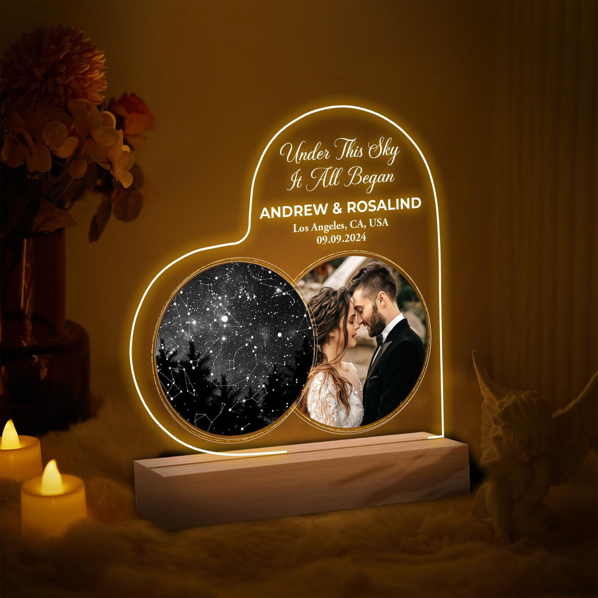 Photo & Star Map on Night Light, Personalized Constellation Map, Custom Desk Name Plate, Gift For Couples