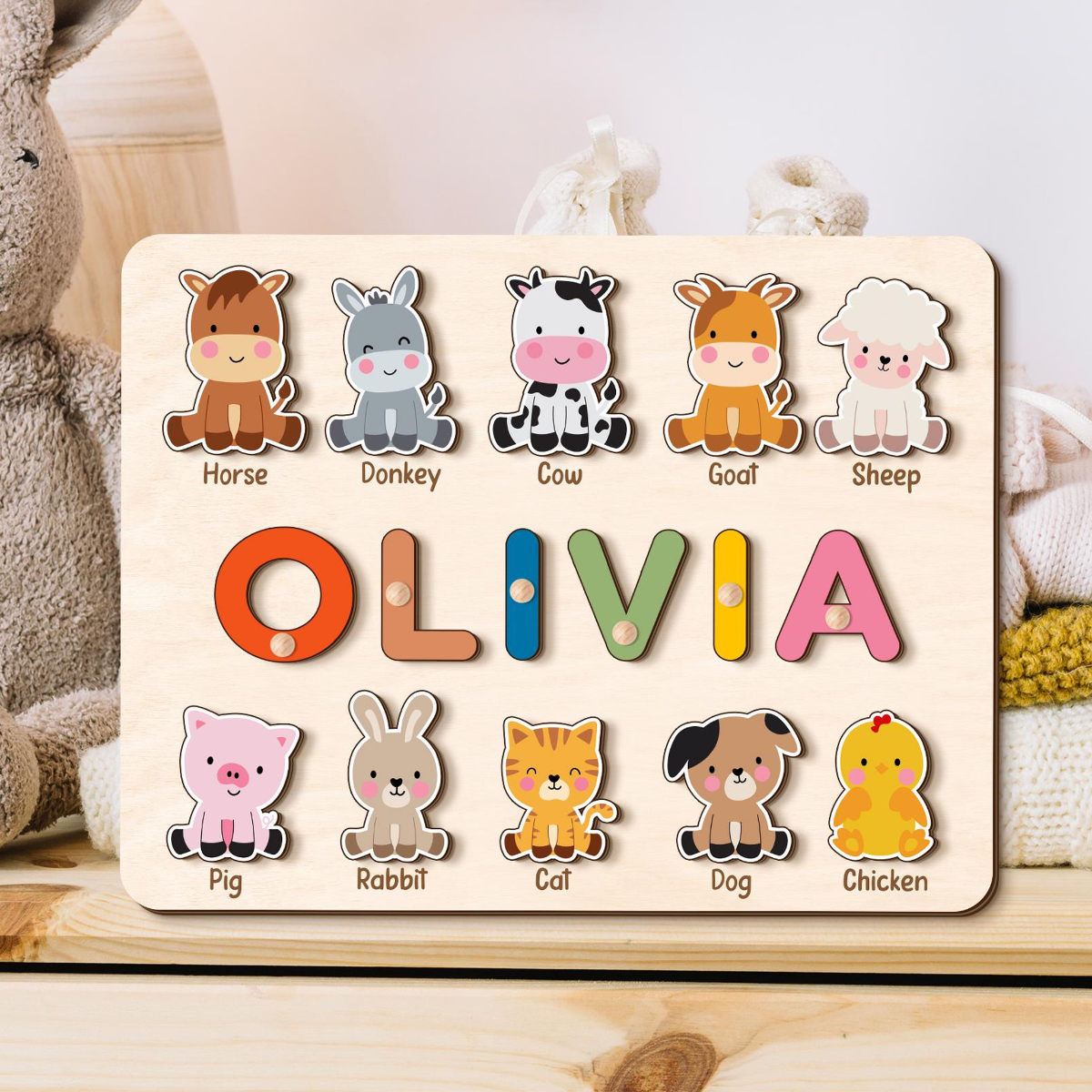 Custom Name Puzzle with Animals, Wooden Baby Name Puzzle, First Birthday Gift for Kids, Personalized Gift for Toddler New Baby Gift