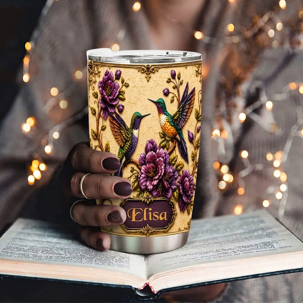 Elegant Purple Floral Hummingbird Insulated Tumbler