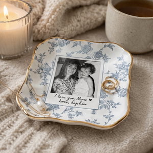 Photo Gift for Mom, Mama Birthday Gifts Jewelry Dish, Toile De Jouy Photo Trinket Tray Mother of the Bride Wedding Day Keepsake