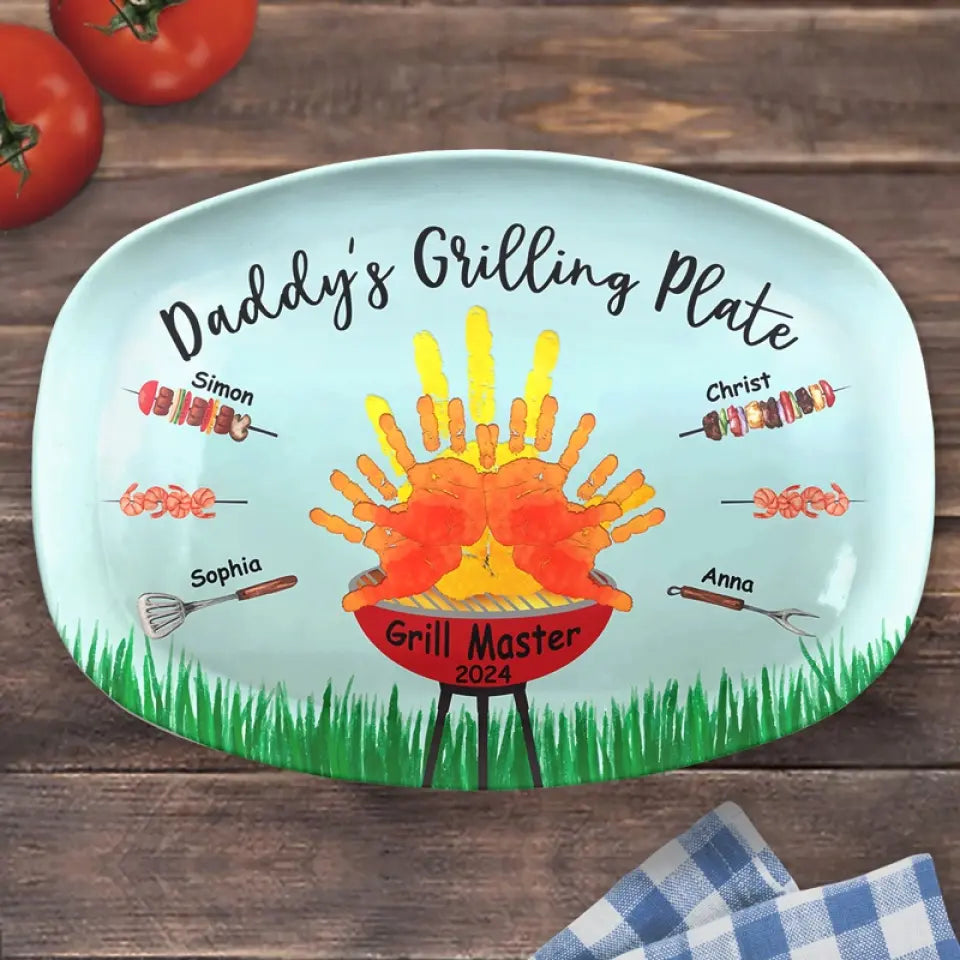 Daddy's Best Grilling Plate Hands Down - Personalized Platter - Gift For Dad, Grandpa, Father's Day