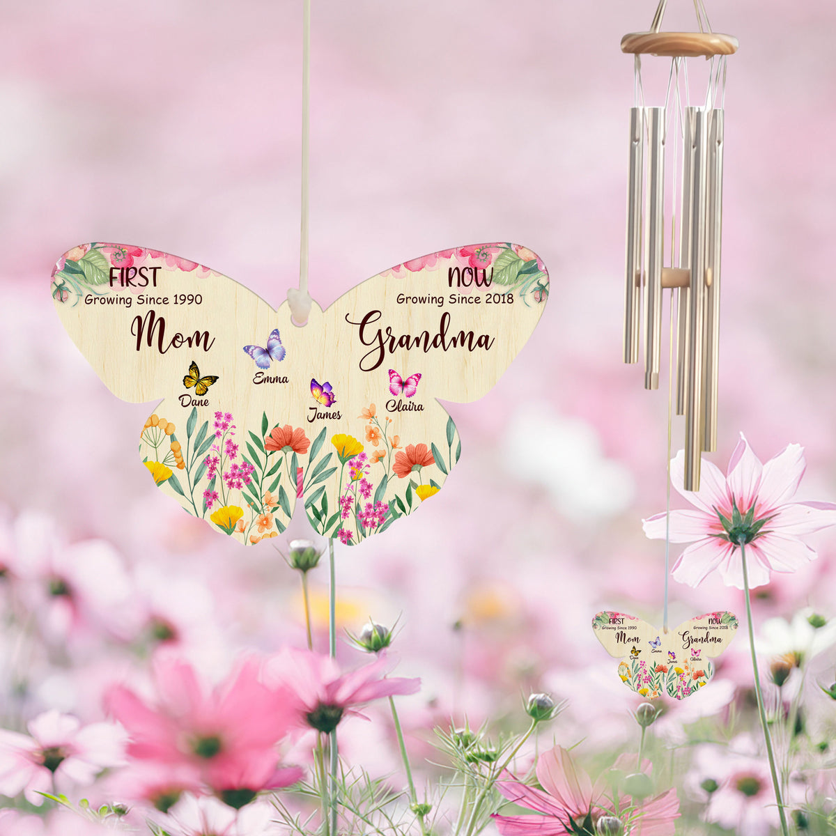 First Mom Now Grandma Butterfly Shape Pendant - Personalized Windchime - Gift For Grandma, Mother's Day, Birthday Gift