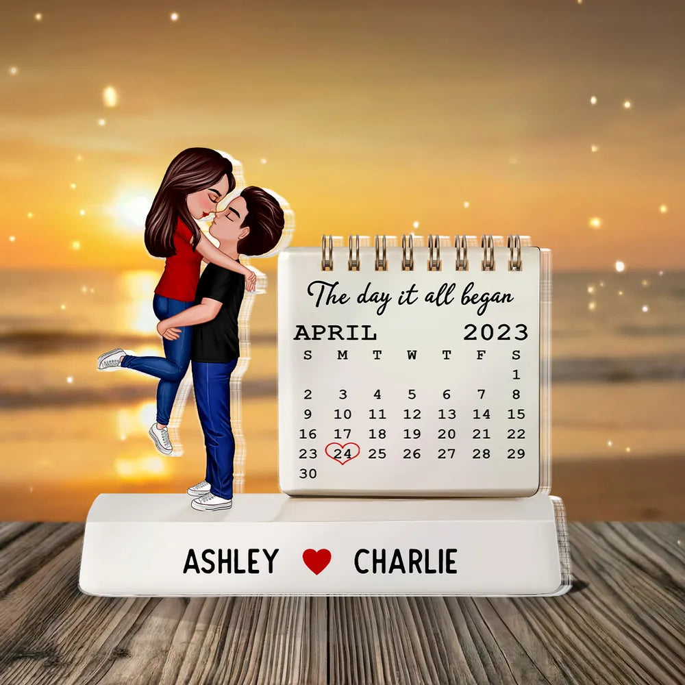 The Day It All Began Kissing Couple - Personalized Acrylic Table Sign - Anniversary Gift For Couple