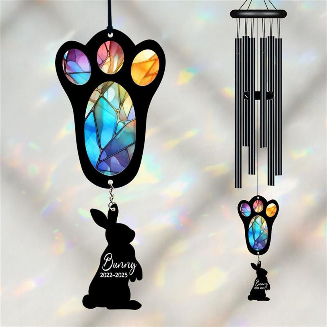 Personalized Pet Memorial Wind Chime, Remembrance Wind Chime, Pet Suncatcher Wind Chime, Bunny Paw, Bunny Loss, Bunny Memorial