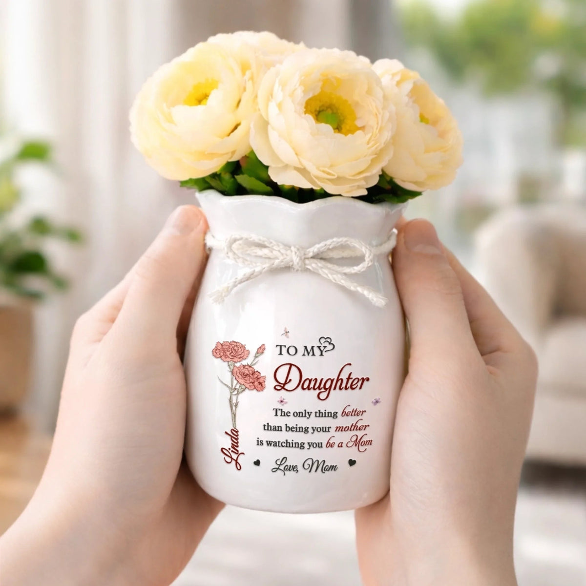 My Little Girl Now Being A Loving Mom - Personalized Flower Vase With Ribbon - Gift For New Mom, Gift For Daughter, Mother's Day Gift