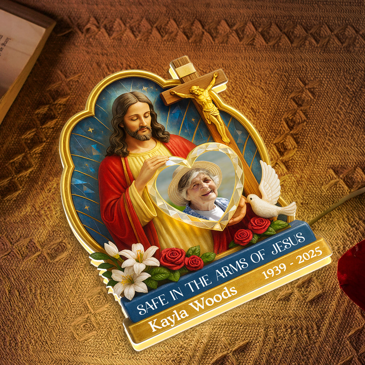 Safe In The Arms Of Jesus Custom Photo - Personalized Acrylic Light Box - Christmas Memorial Remembrance Keepsake