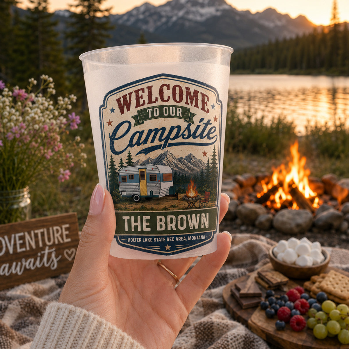Welcome To Our Campsite - Personalized Frosted Plastic Cup - Gift For Family, Camping Drinking Accessory, Outdoor Cups