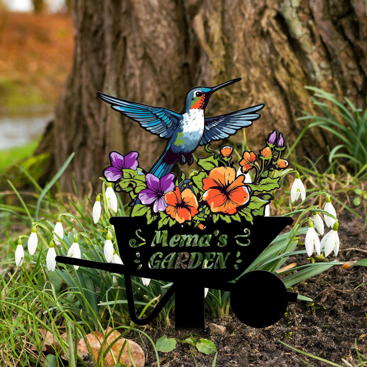 Custom Hummingbird Metal Garden Stake, Bird with Stakes Garden Sign, Personalized Garden Name Sign, Mother's Day Gift, Garden Decor