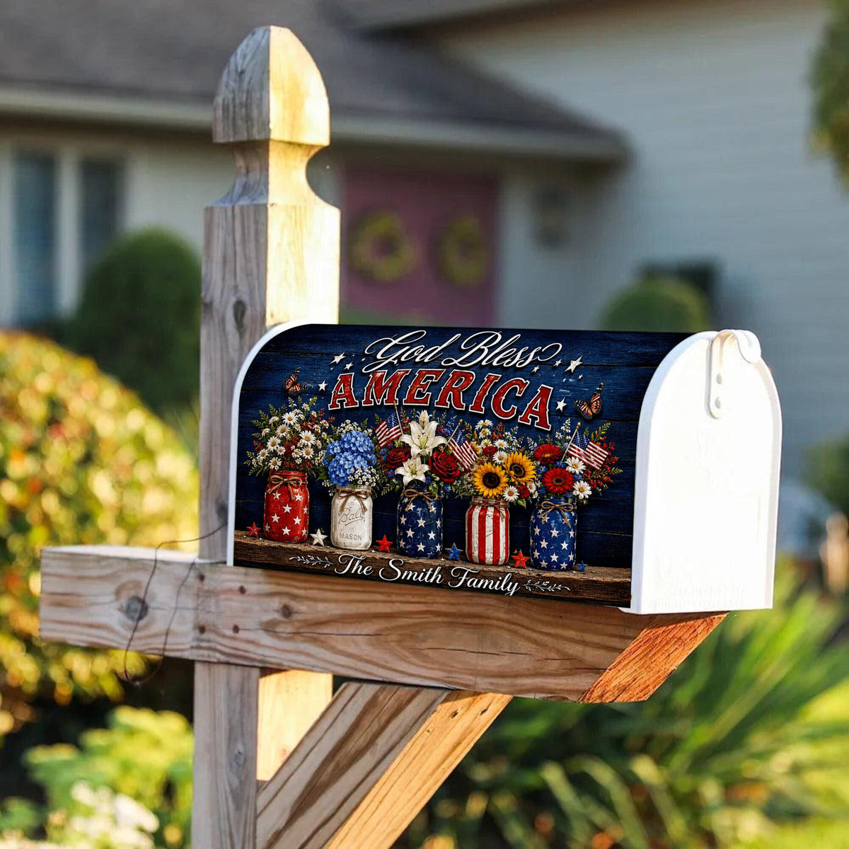 Personalized God Bless America Mailbox Cover, Patriotic Floral Mason Jar Custom Family Mailbox Wrap, 4th of July Yard Decor
