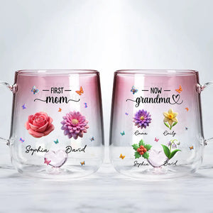 First Mom Now Grandma 3D Birth Month Flower - Personalized Gradient Glass Mug - Gift For Grandma, Mother's Day Gift