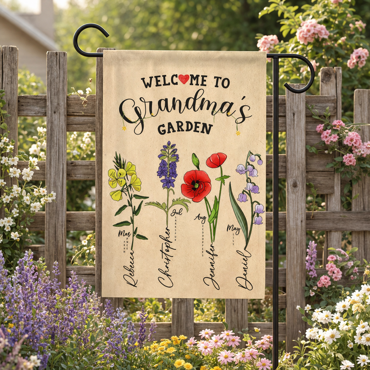 Grandma Gift, Mother's Day Gift For Grandma, Mimi Granny Birthday Gift, Personalized Grandma's Flowers Garden Flag, Custom Grandkids Name