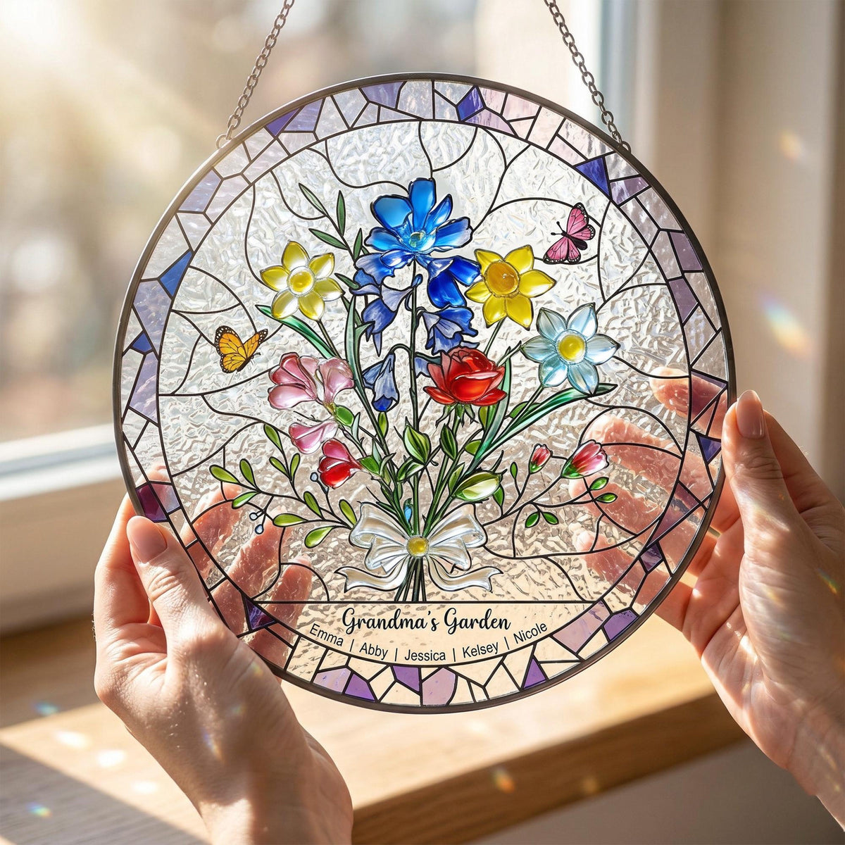 Personalized Birth Flower Stained Glass Suncatcher with 3D Raised Detail, Family Bouquet Window Hanging, Mothers Day Gift for Mom or Grandma