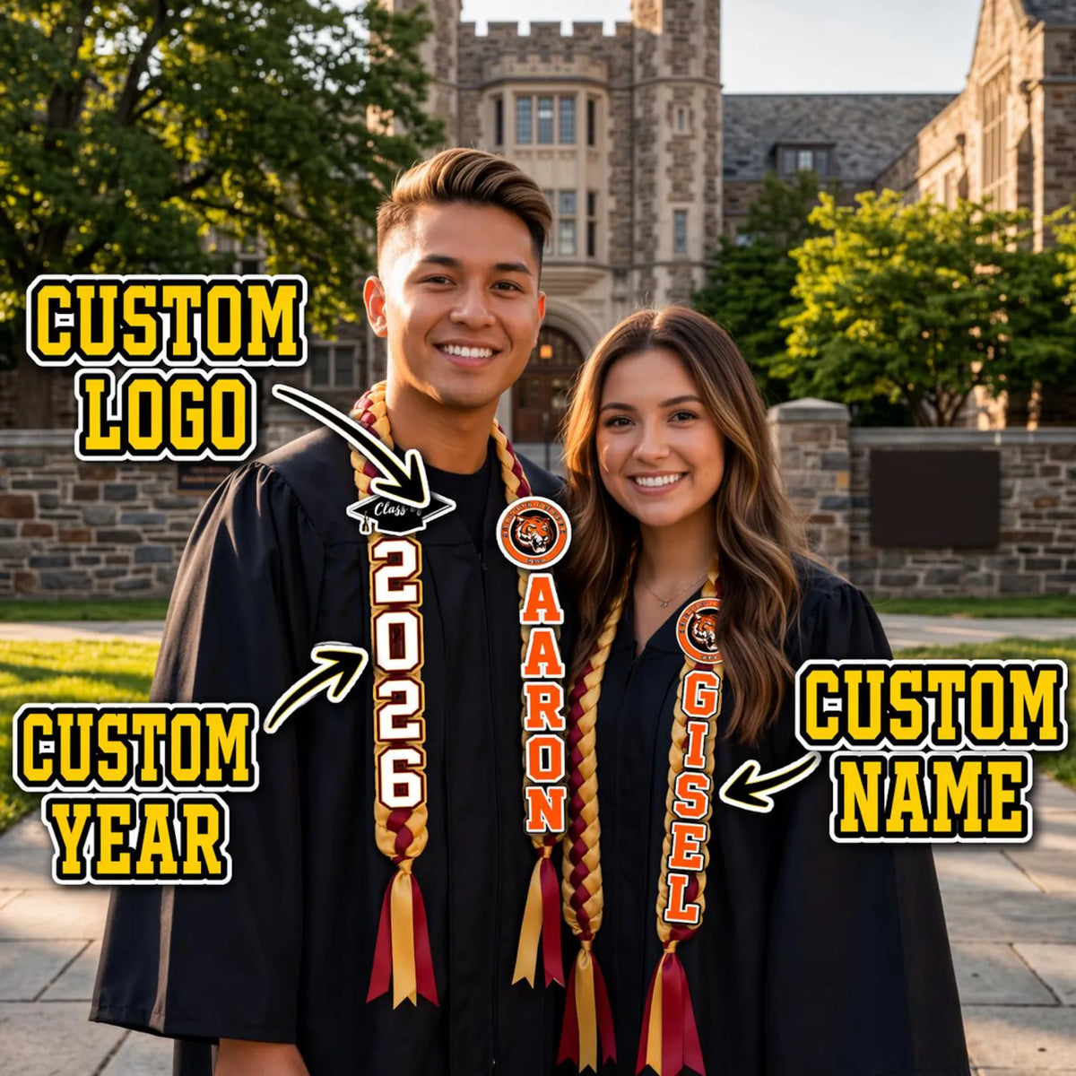 Personalized Graduation Lei with Name + School Mascot/Logo, Satin Grad Lei, Class of 2026 Senior Graduation Gift, Class of 2026 Grad Gift