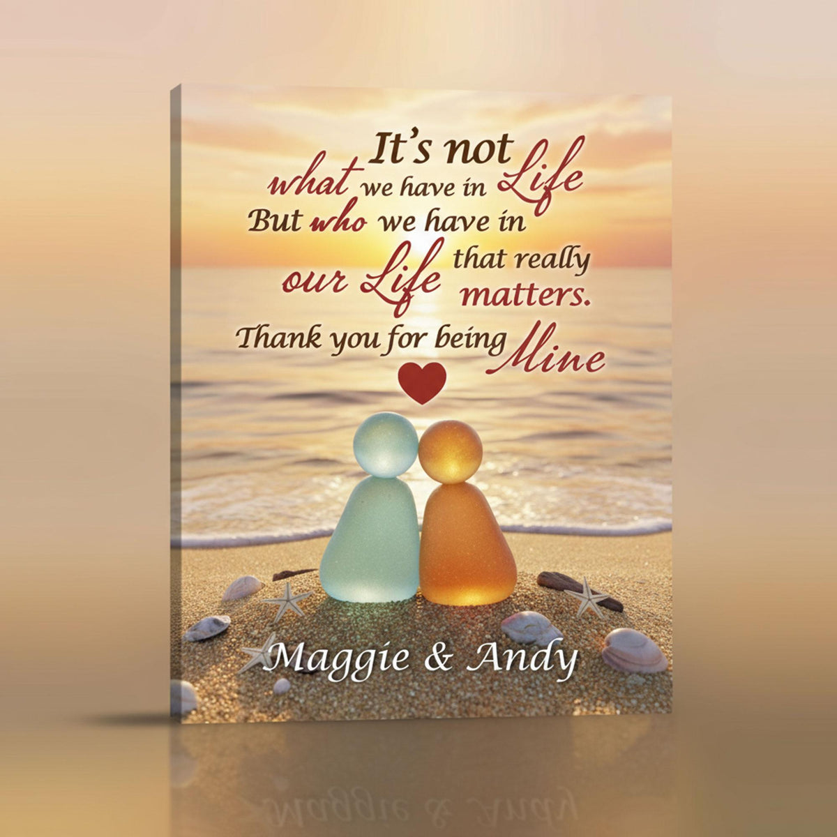 Custom Sea Glass Couple Canvas, Personalized Beach Sunset Anniversary Gift, Wedding Keepsake