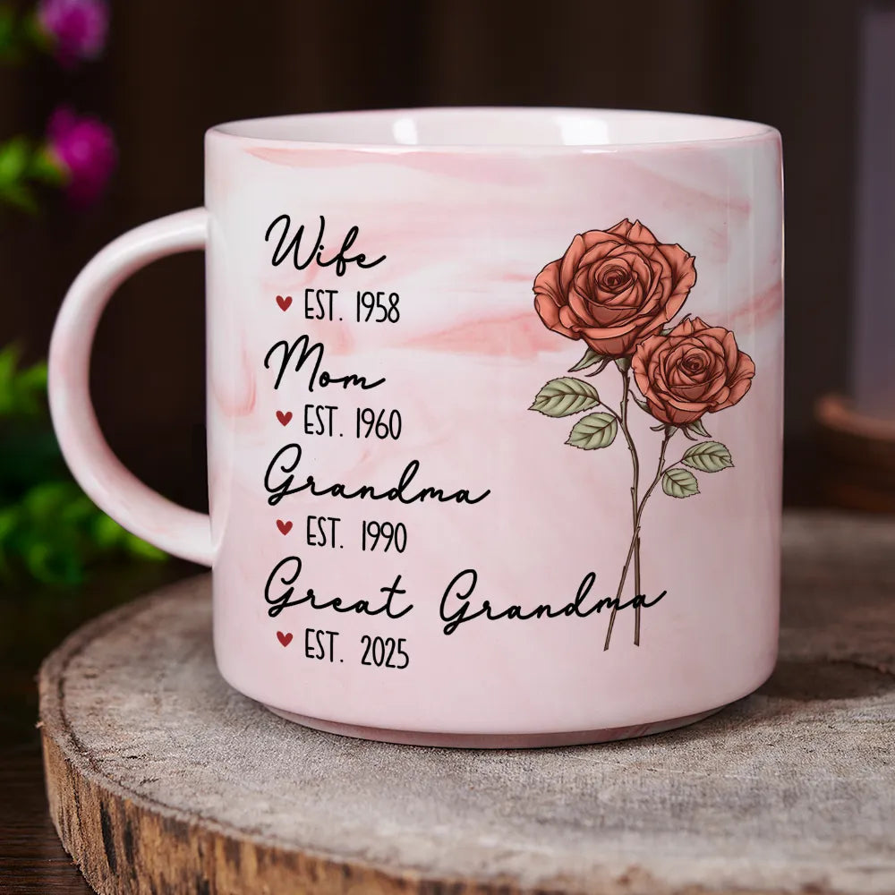 Wife Mom Grandma Birth Month Flower - Personalized Marble Mug - Gift For Grandma, Mother's Day, Birthday Gift