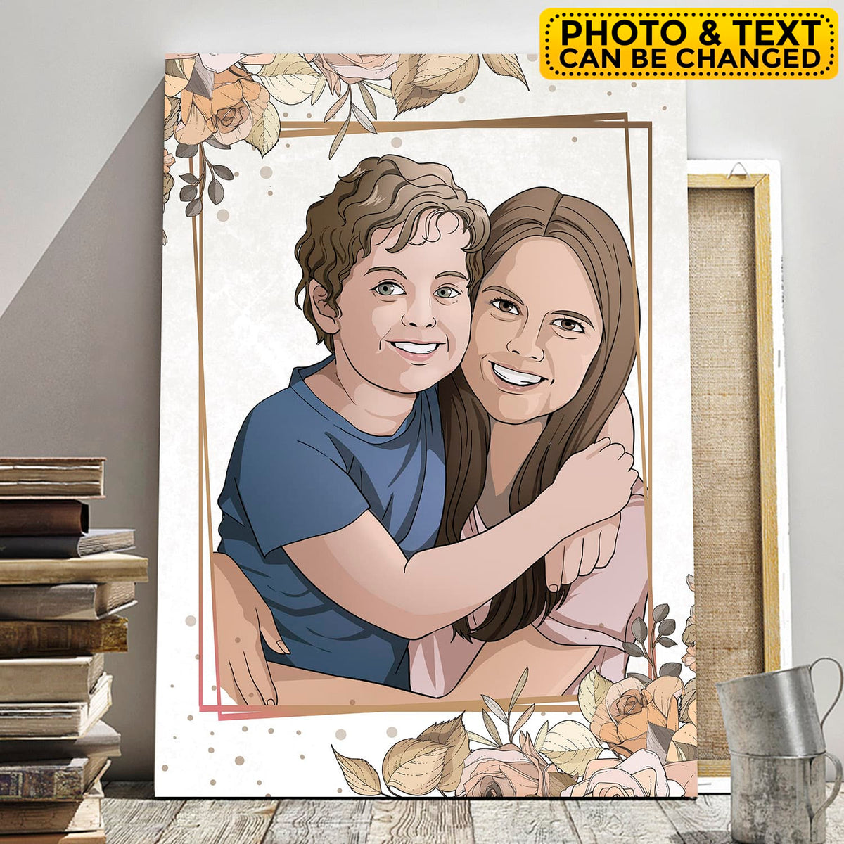 Portrait from Photo Mom Son Daughter - Personalized Canvas - Gift For Mom, Mother's Day, Birthday Gift