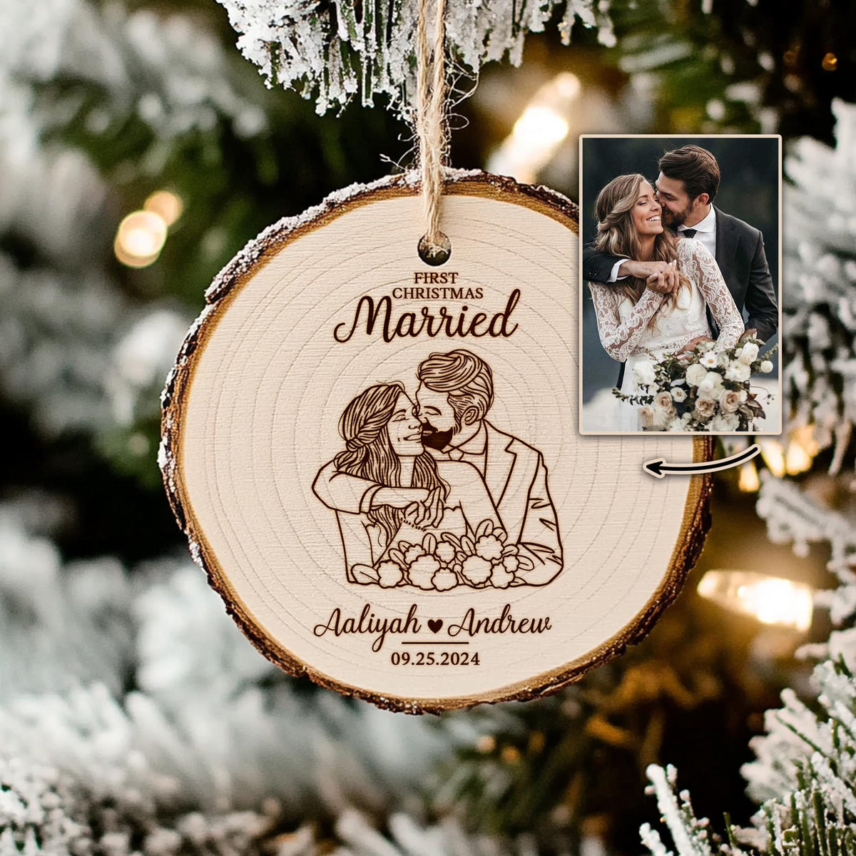 Custom Line Drawing Wedding Ornament, First Christmas Married Wooden Slice Ornament, Wedding Rustic Ornament Gifts for Couples